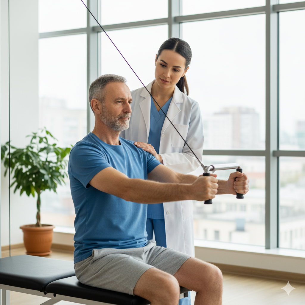 A guy doing resistance training with his doctor