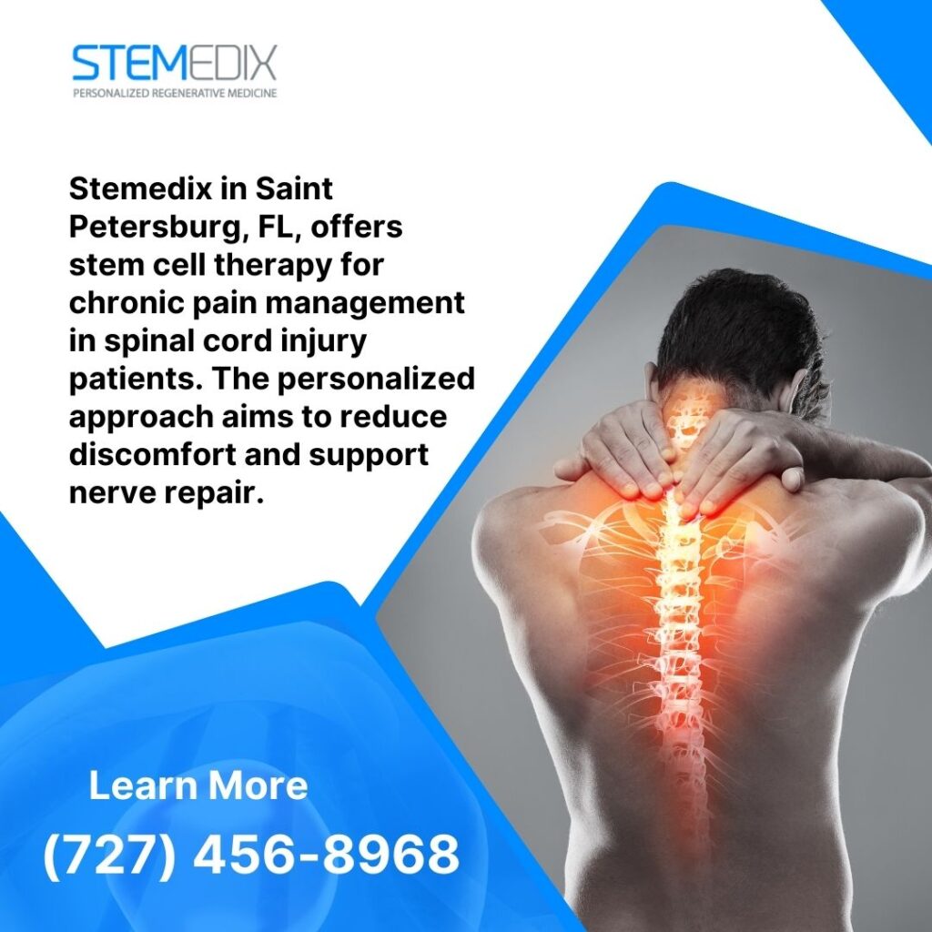 Man holding his neck with a glowing spine illustration, symbolizing pain relief through stem cell therapy at Stemedix.