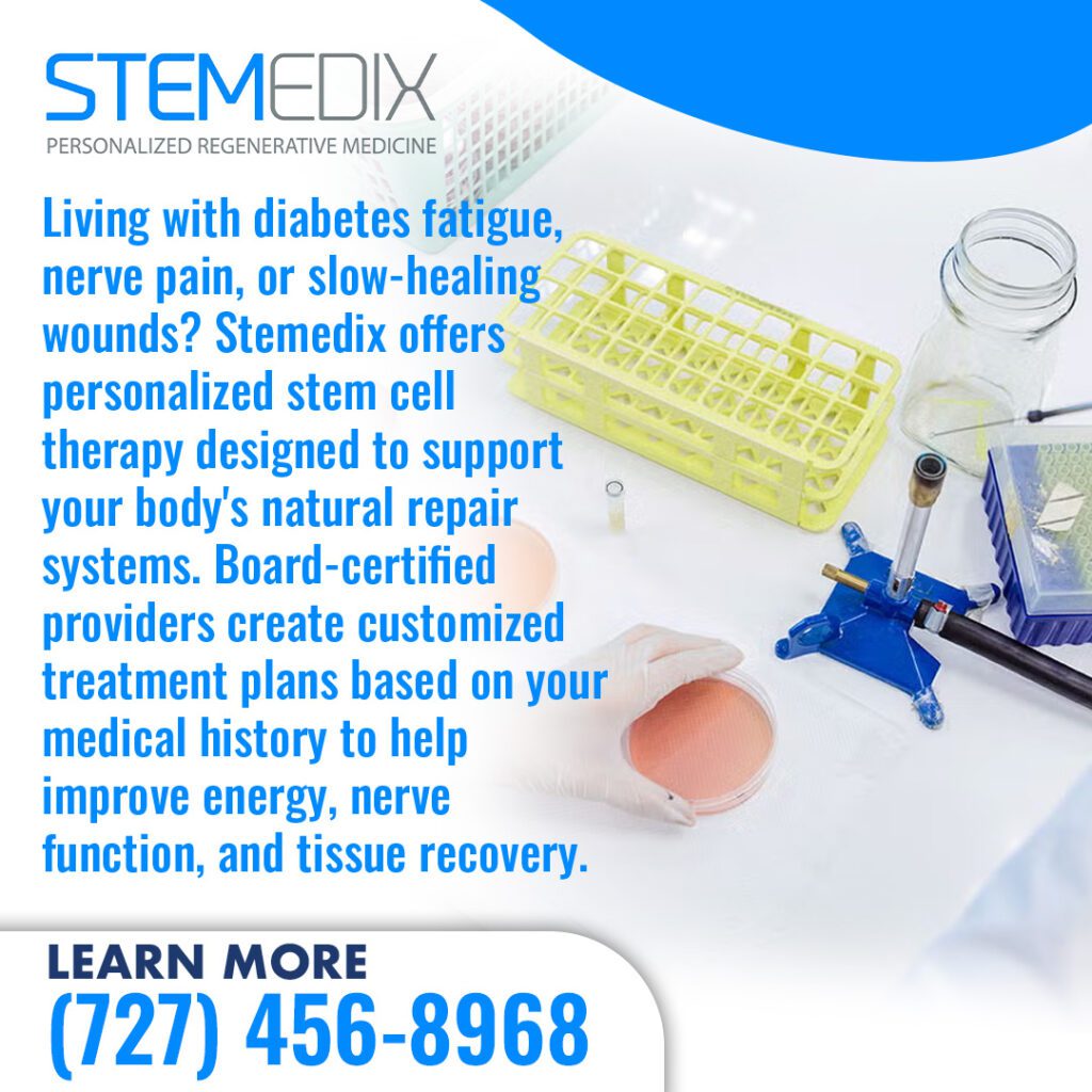 STEMEDIX lab setting with petri dishes and glassware. Ad promotes personalized stem cell therapy for diabetic fatigue, nerve pain, and slow wounds using board-certified providers. 