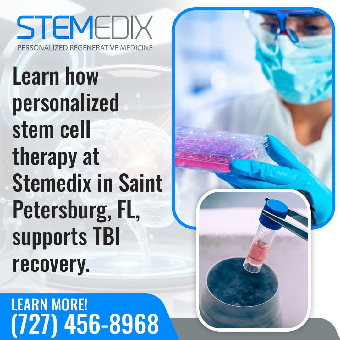 Medical professional handling stem cell samples in a lab with promotional text about personalized therapy from Stemedix in Saint Petersburg, Florida.