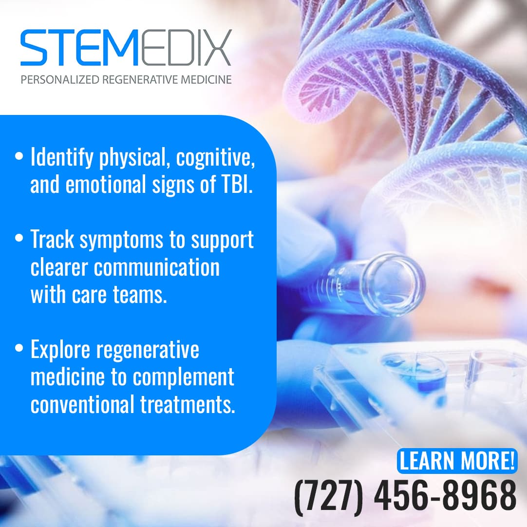 Laboratory scene with DNA strand graphics and medical samples alongside text about identifying TBI symptoms and regenerative medicine support from Stemedix.