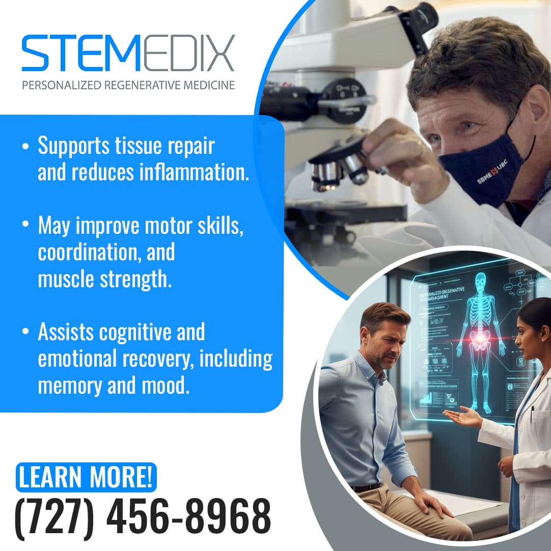 Scientist using a microscope and doctor consulting a patient with medical imaging graphics in a stem cell therapy promotion by Stemedix.