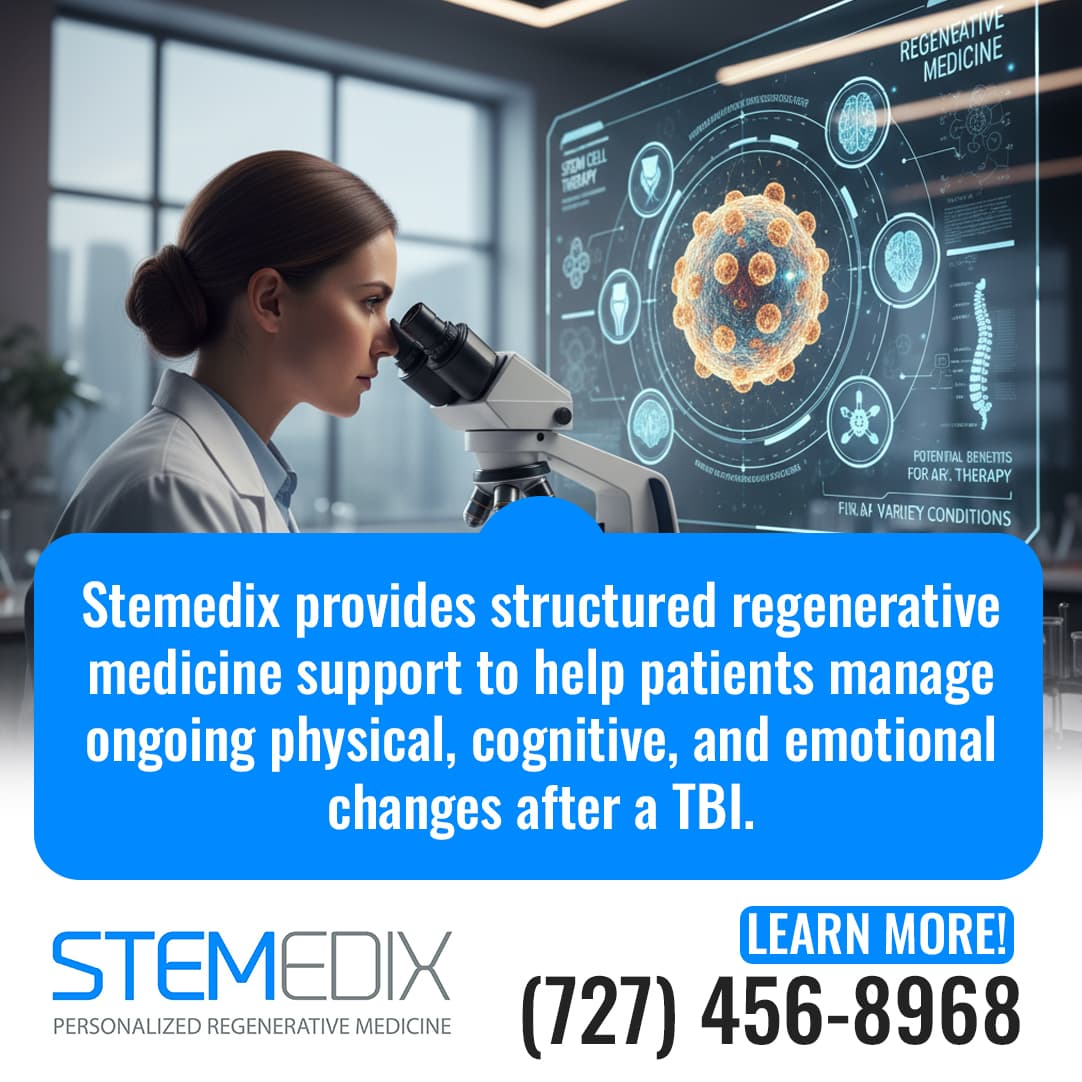 Scientist viewing stem cell research through a microscope with digital regenerative medicine graphics and Stemedix promotional text.