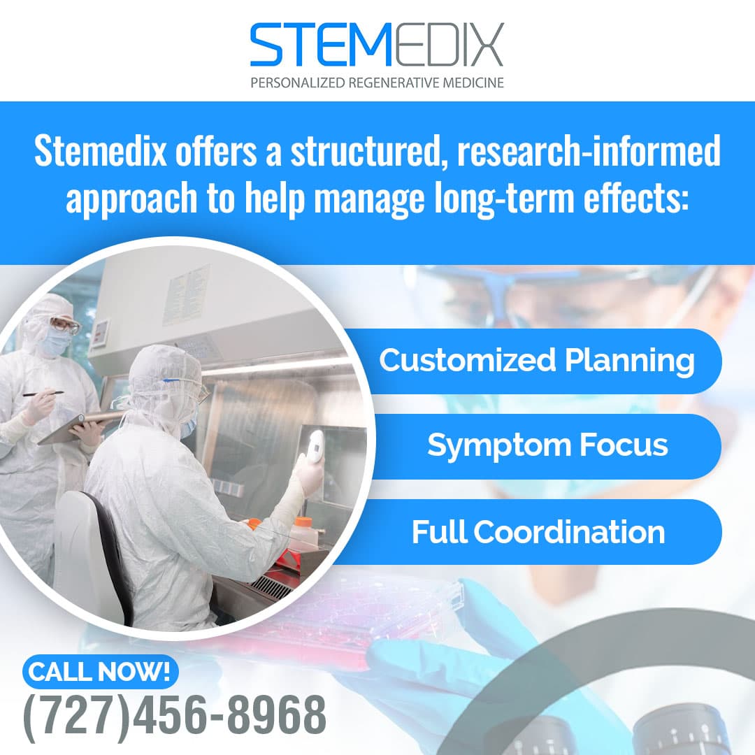 Medical researchers working in a laboratory cleanroom with promotional text about Stemedix regenerative medicine services.