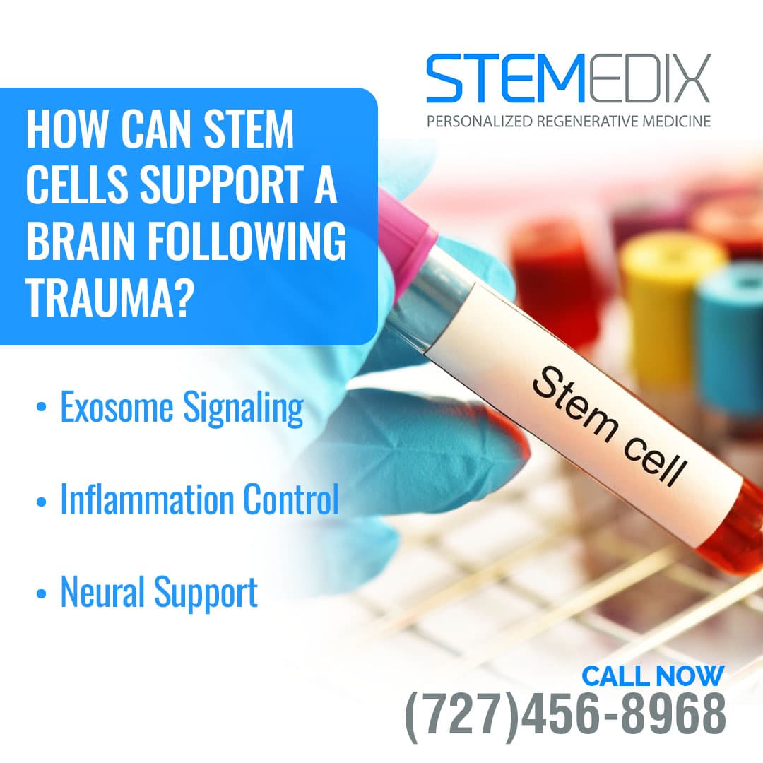 Gloved hand holding a labeled stem cell sample tube with text about brain trauma support from Stemedix.