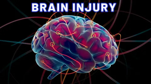 Digital illustration of a human brain highlighting neural pathways and injury points