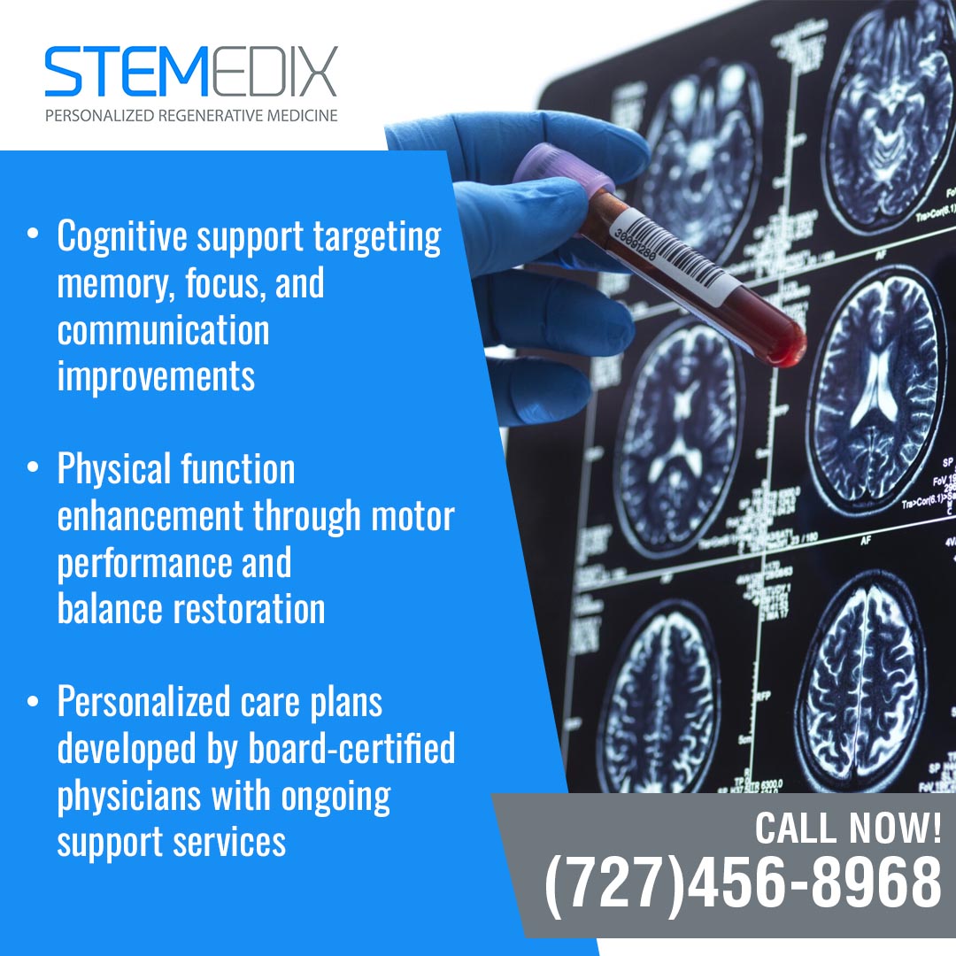 Gloved hand holding a blood sample in front of brain scan images for regenerative treatment
