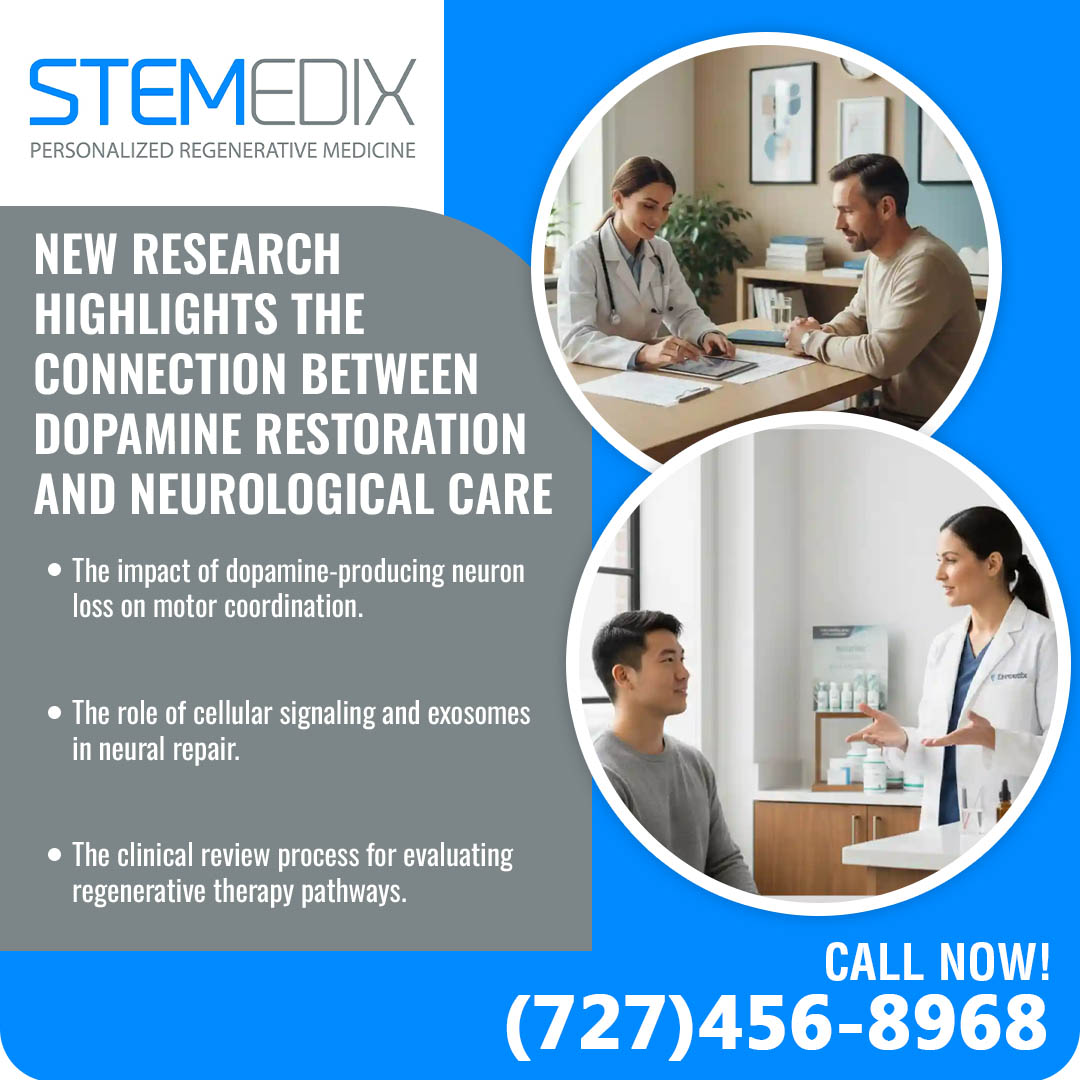 Stemedix ad on new research linking dopamine restoration to neurological care, featuring doctor-patient consultations