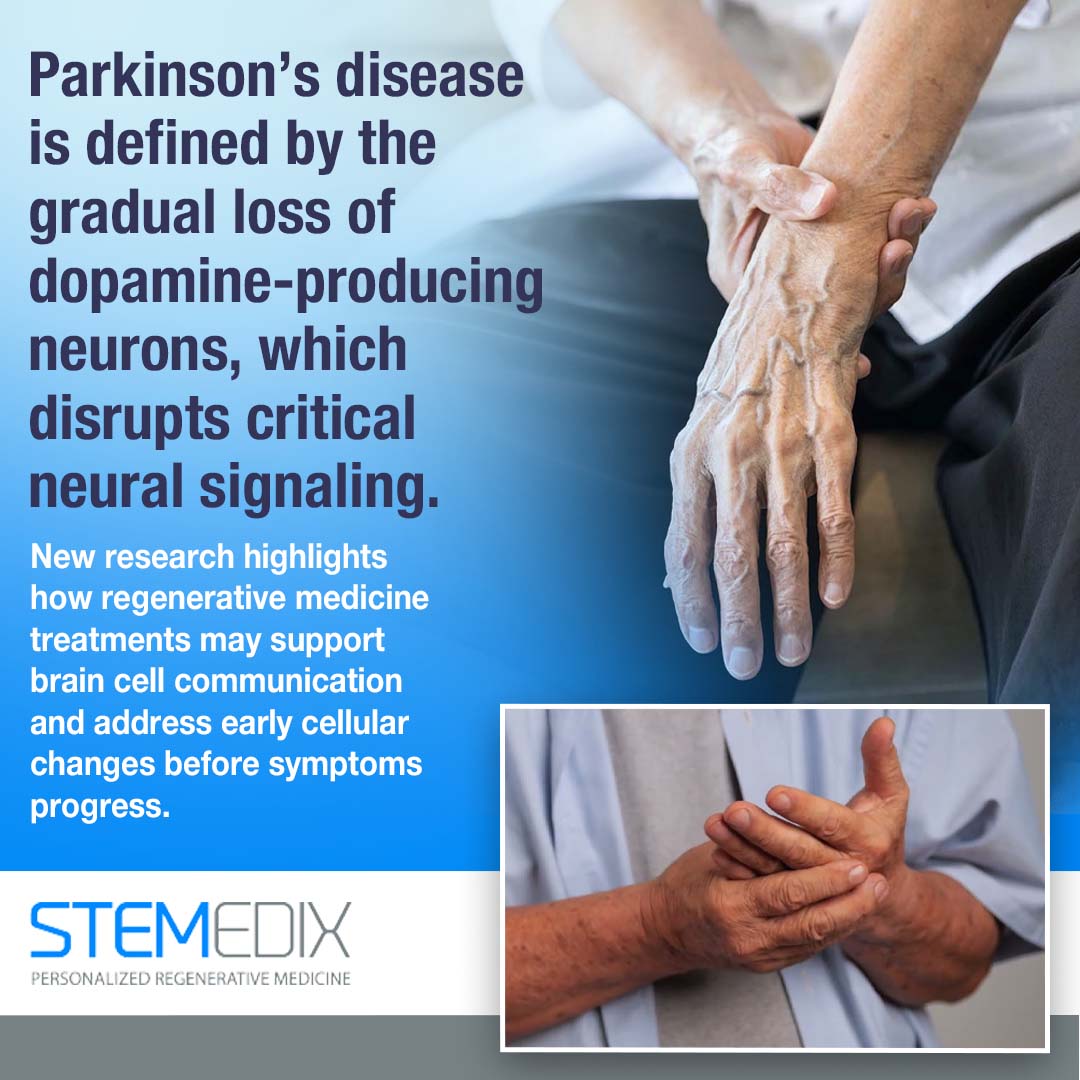 Close-up of an older adult’s hands affected by Parkinson’s disease, highlighting symptoms and emerging regenerative medicine research.