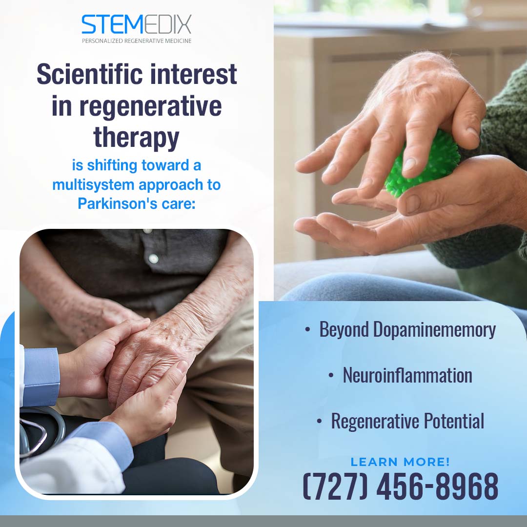 Healthcare professional supporting an older adult with Parkinson’s disease while highlighting regenerative therapy research and neurological health.