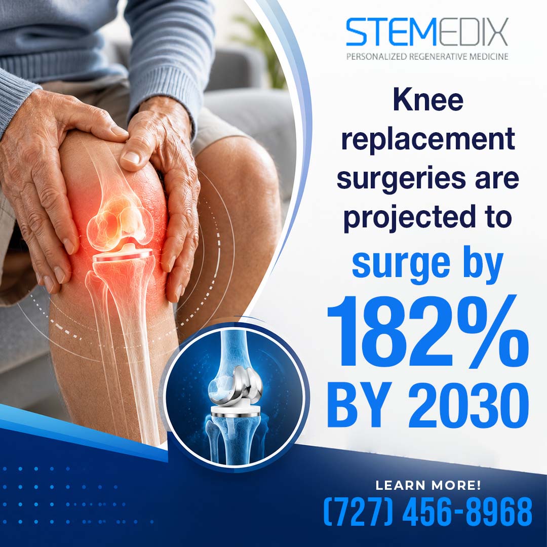 Close-up of an elderly person holding an aching knee with a glowing graphic overlay of a knee implant and joint anatomy.