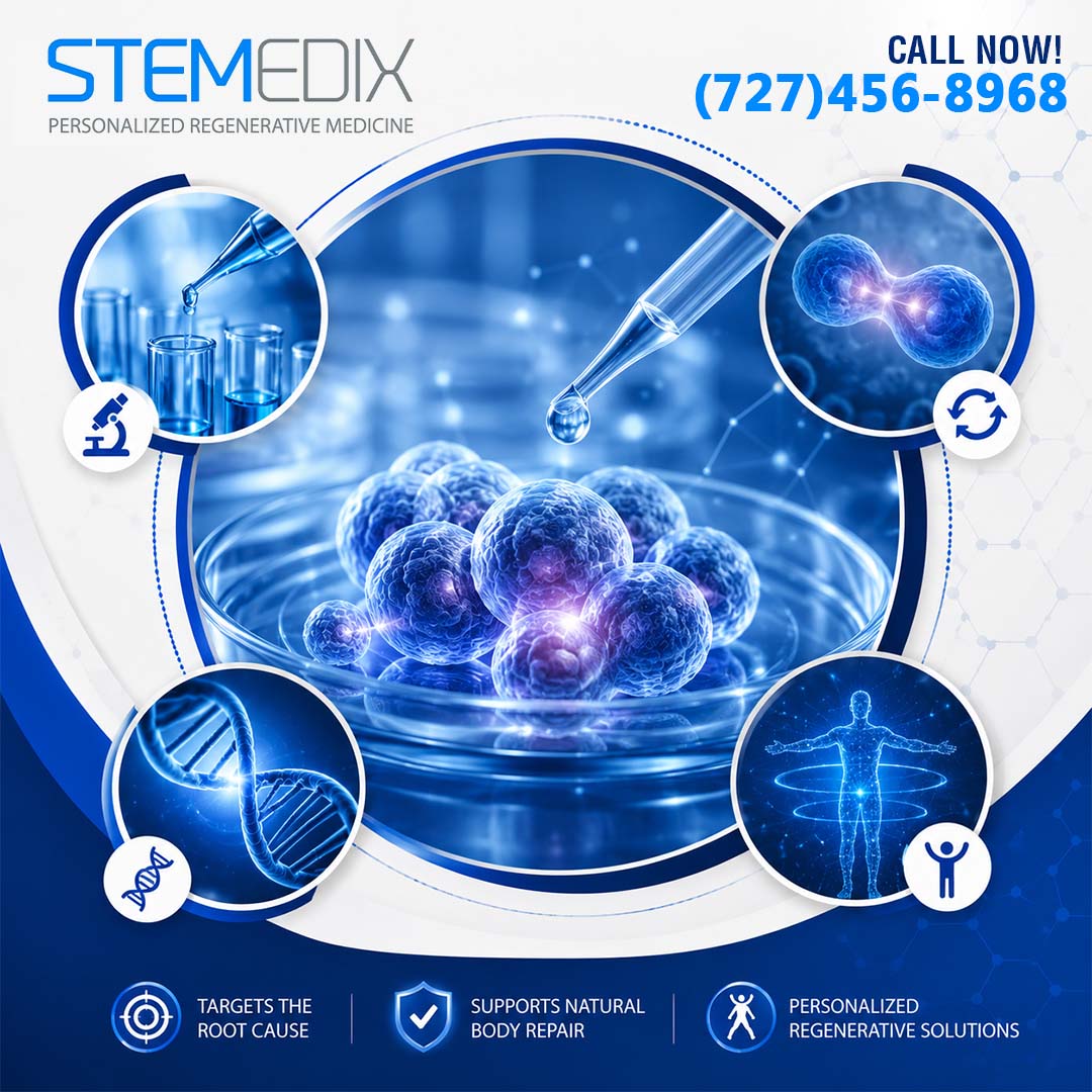 Petri dish with blue microscopic stem cells being treated with a pipette surrounded by insets of lab test tubes, cell division, DNA strands, and full-body wellness.