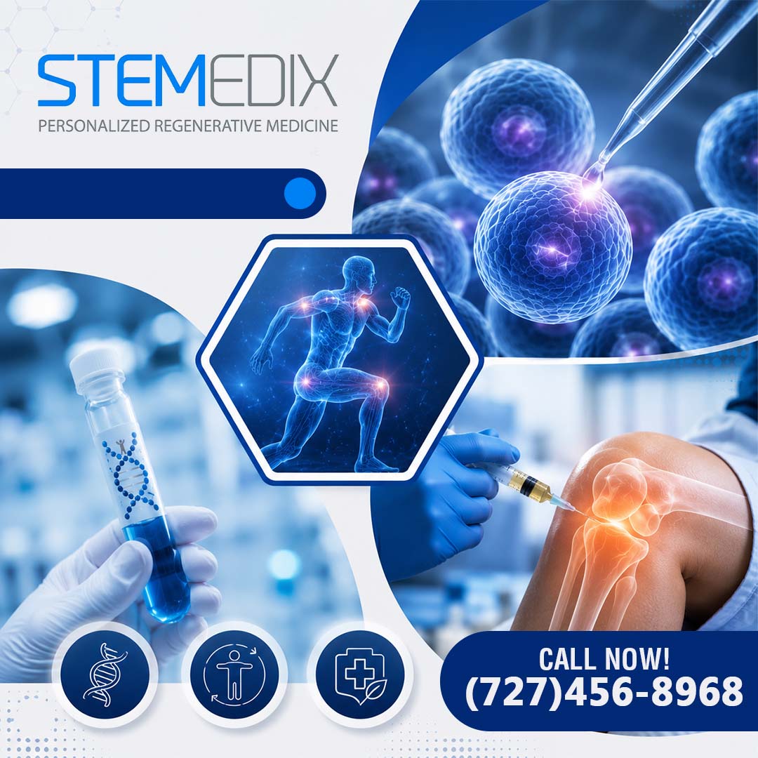 Collage showing microscopic cells being treated, a running anatomical human figure with highlighted joints, a lab test tube, and a targeted knee injection.