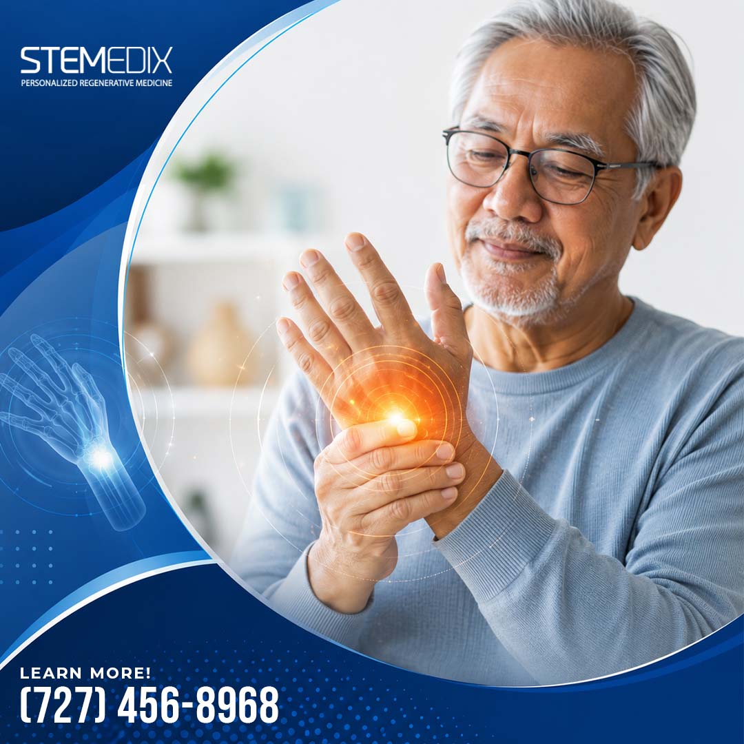 Senior Asian man holding his aching palm and wrist with glowing anatomical rings highlighting joint inflammation and arthritis discomfort.
