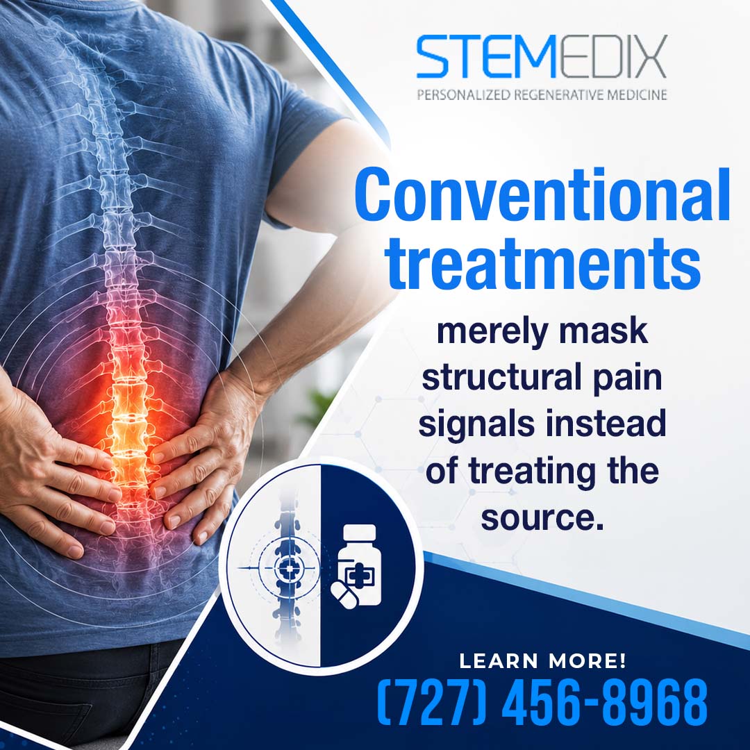 Man holding painful lower back with an anatomical spine overlay and an icon contrasting targeted structural therapy with pain medication.