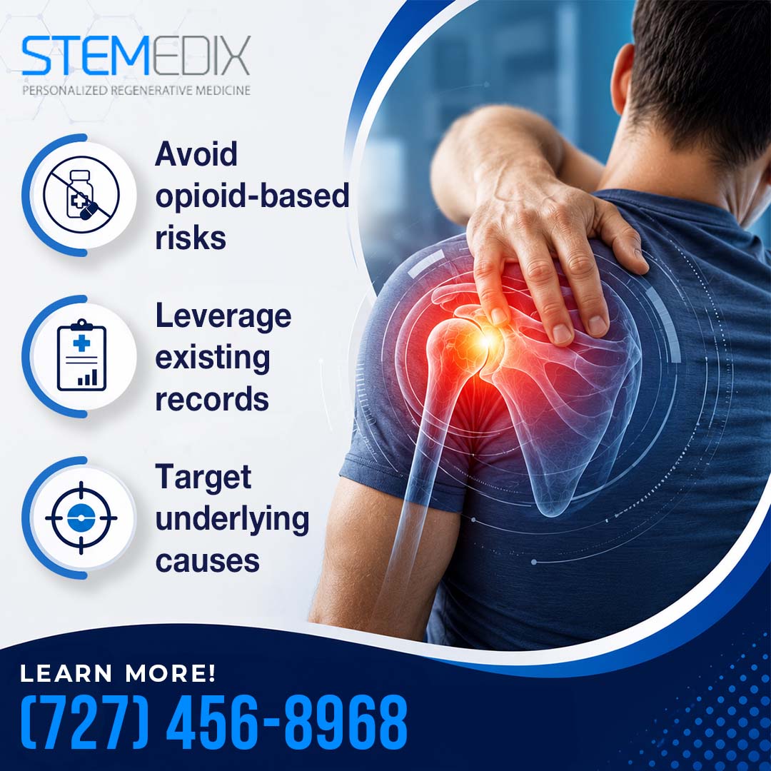 Man holding an aching shoulder with a glowing anatomical graphic highlighting joint inflammation alongside treatment benefit icons.