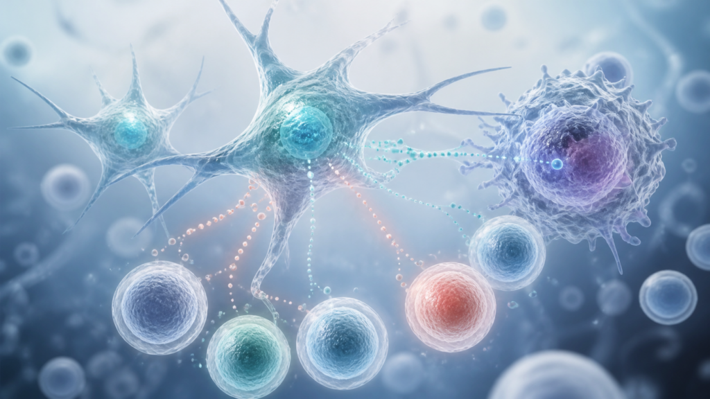 Mesenchymal stem cells interacting with immune cells in autoimmune disease research