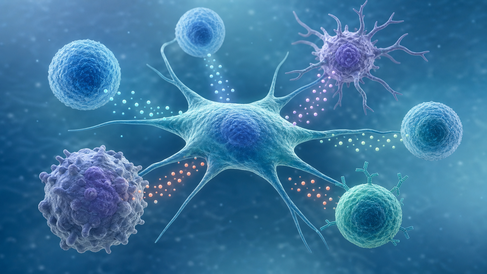 Mesenchymal stromal cell communicating with immune cells