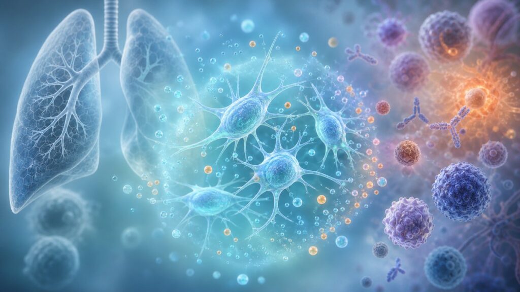 Biomedical illustration of mesenchymal stem cells modulating inflammation in COPD and lupus research
