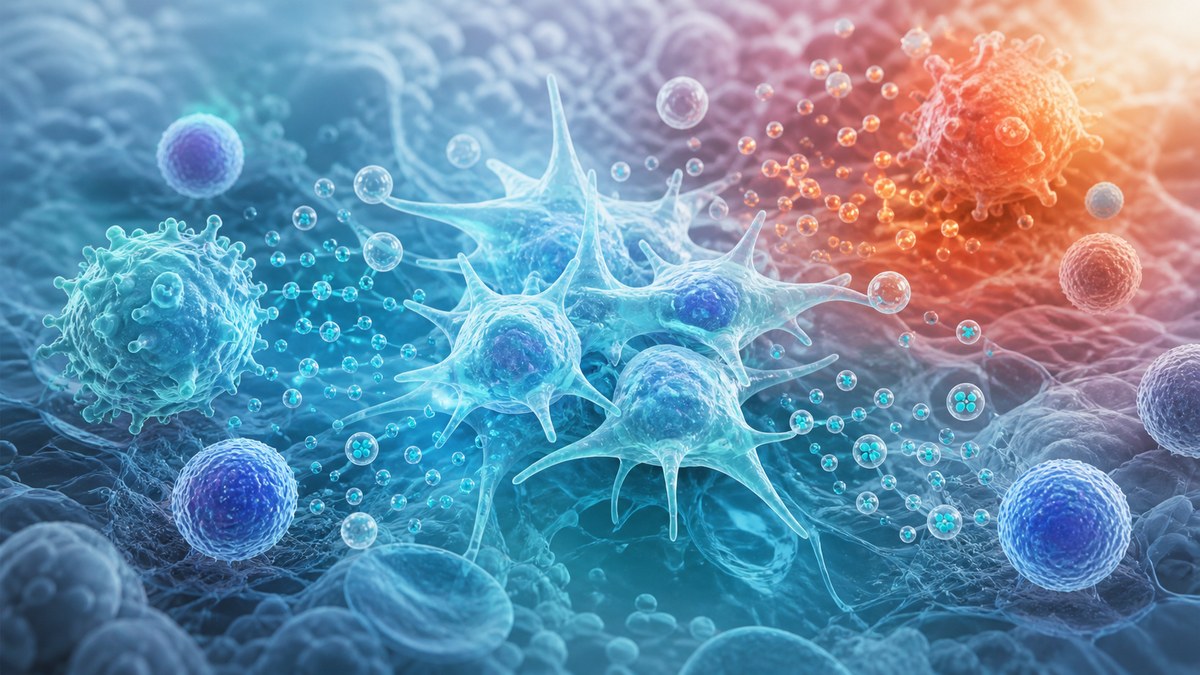 Biomedical illustration of mesenchymal stem cells and immune signaling particles