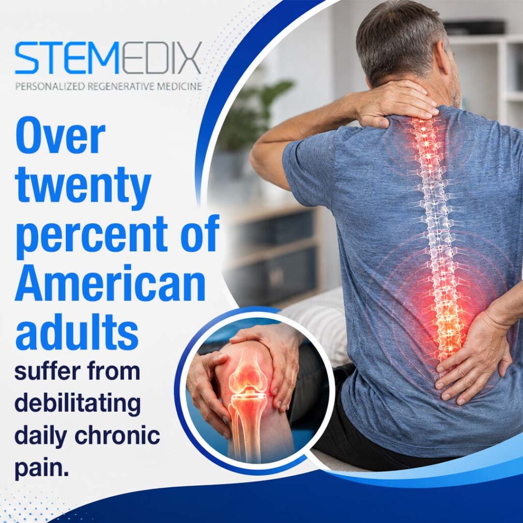 Man suffering from severe back and neck pain with a glowing red illuminated spine graphic, paired with an inset showing an inflamed knee joint illustration.