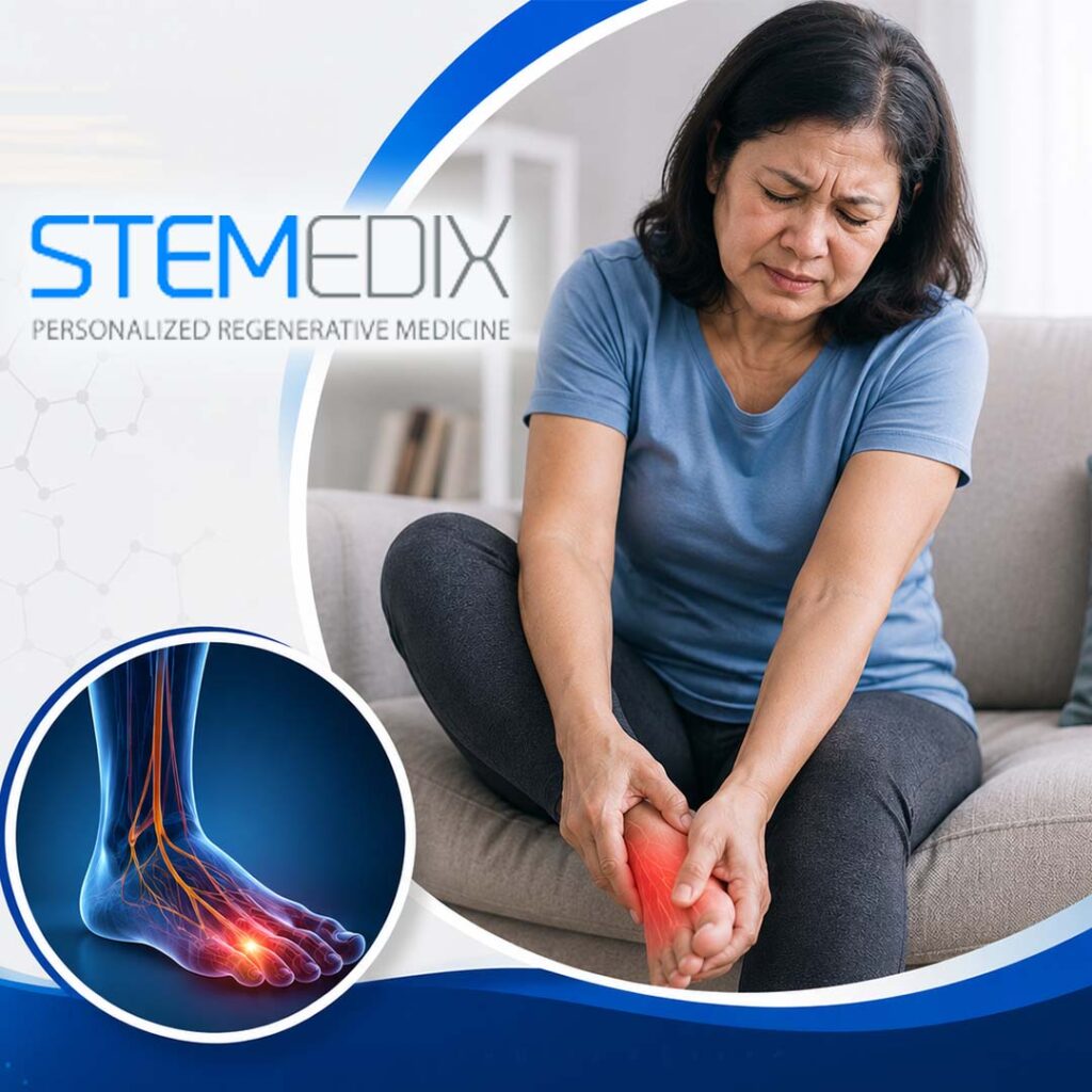 Mature woman sitting on a living room sofa holding her painful foot in discomfort, accompanied by a circular anatomical inset showing inflamed nerve pathways in a foot.