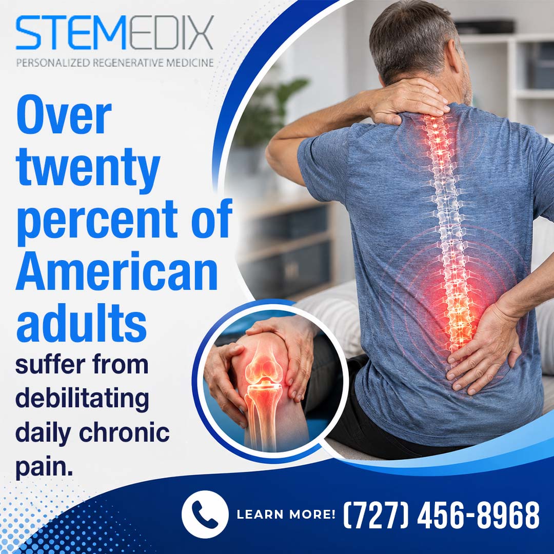 Man seen from behind clutching his neck and lower back with glowing red spinal column graphics, accompanied by an inset showing an inflamed knee joint render.