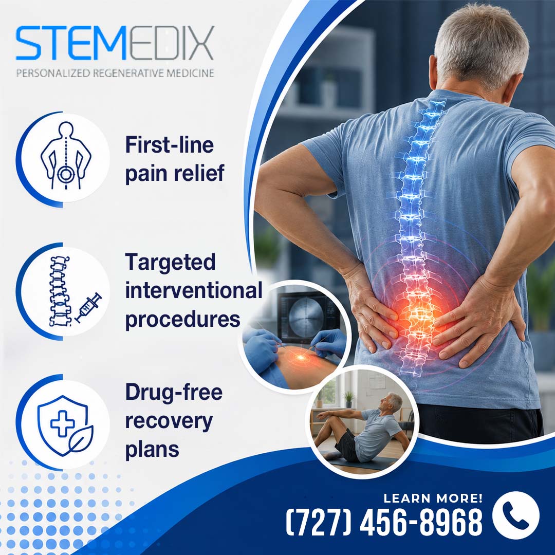 Man seen from behind clutching his lower back with a glowing blue and red spine graphic, accompanied by circular insets depicting a medical procedure and physical rehabilitation.