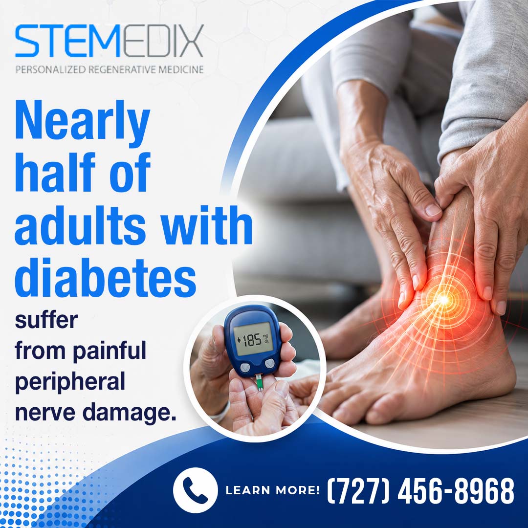 Person clutching a painful foot and ankle with an illuminated glowing red nerve pain graphic, paired with an inset showing a digital blood glucose monitor reading 185 mg/dL.