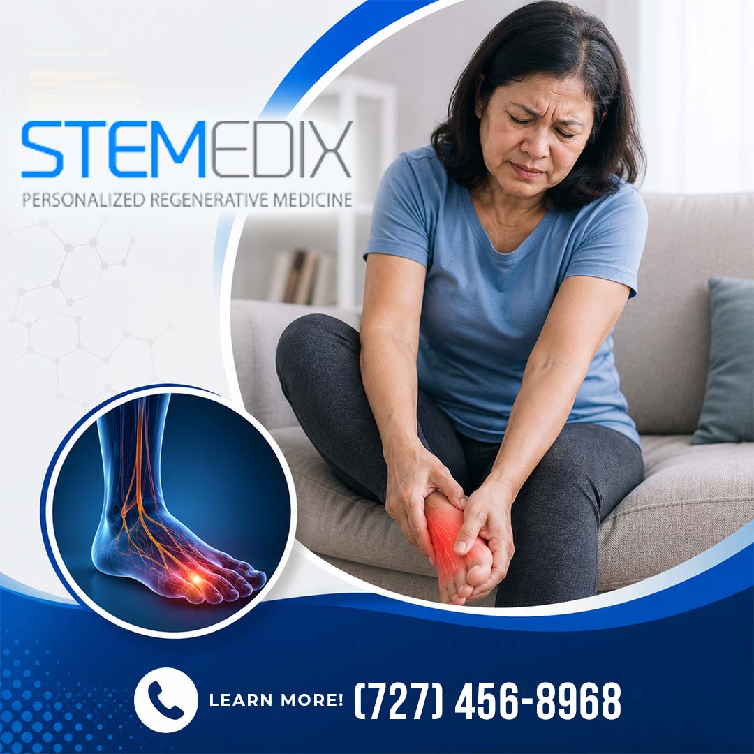 Woman sitting on a couch wincing in discomfort while clutching her painful foot, paired with a circular inset illustrating glowing, inflamed nerve pathways in a foot anatomy render.