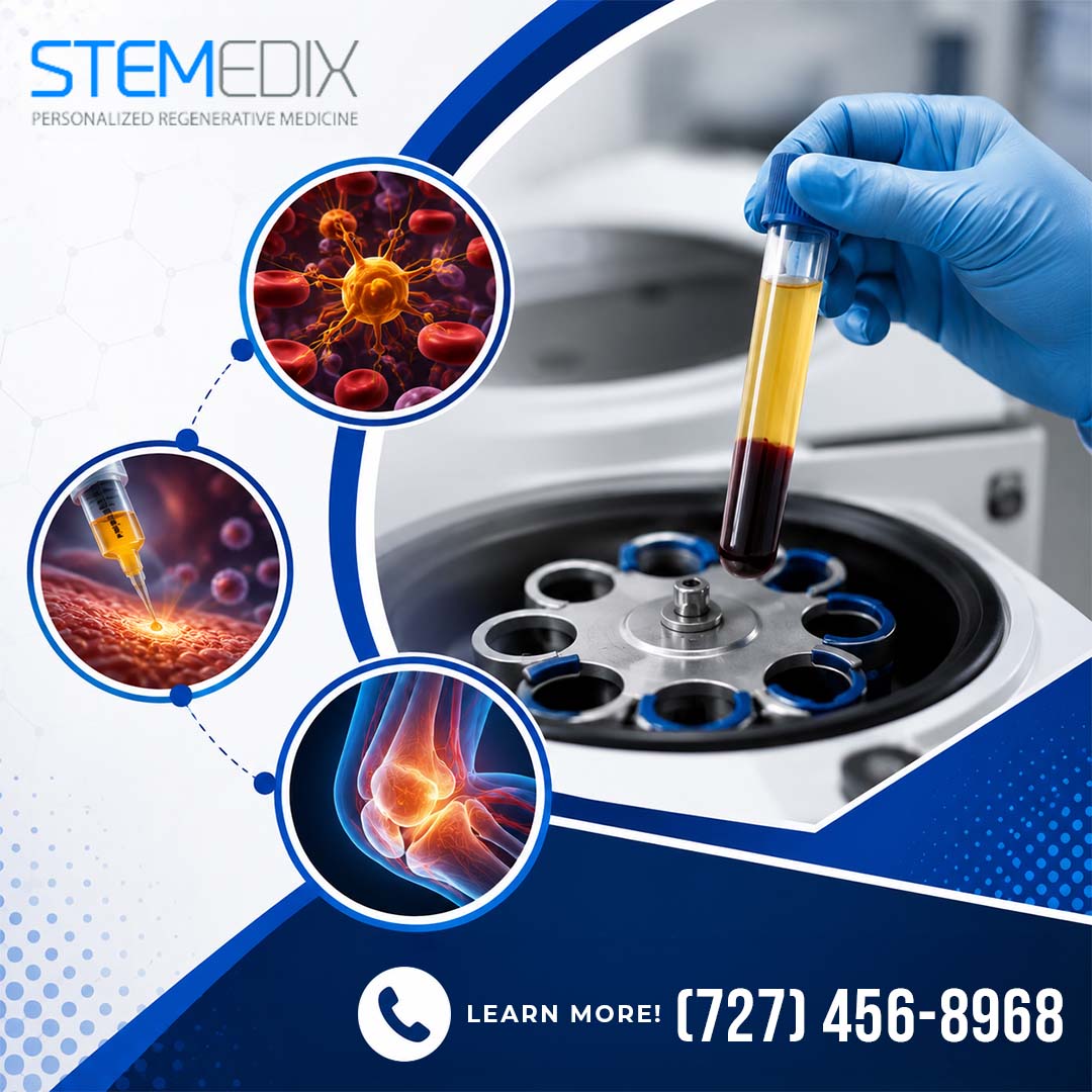 Gloved hand holding a test tube of centrifuged blood plasma over a laboratory centrifuge machine, with connected circular insets showing microscopic blood platelets, a targeted cellular injection, and an inflamed knee joint.
