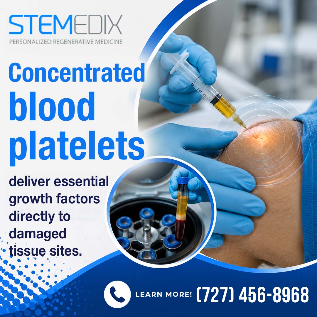 Gloved medical provider administering a targeted injection into a patient's shoulder joint, alongside a circular inset of separated blood plasma in a centrifuge tube.