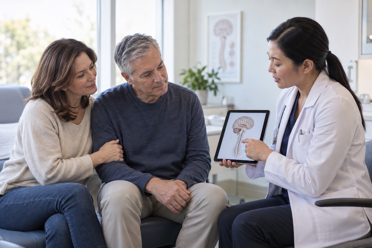 Patient and family member consulting with a neurologist about ALS research