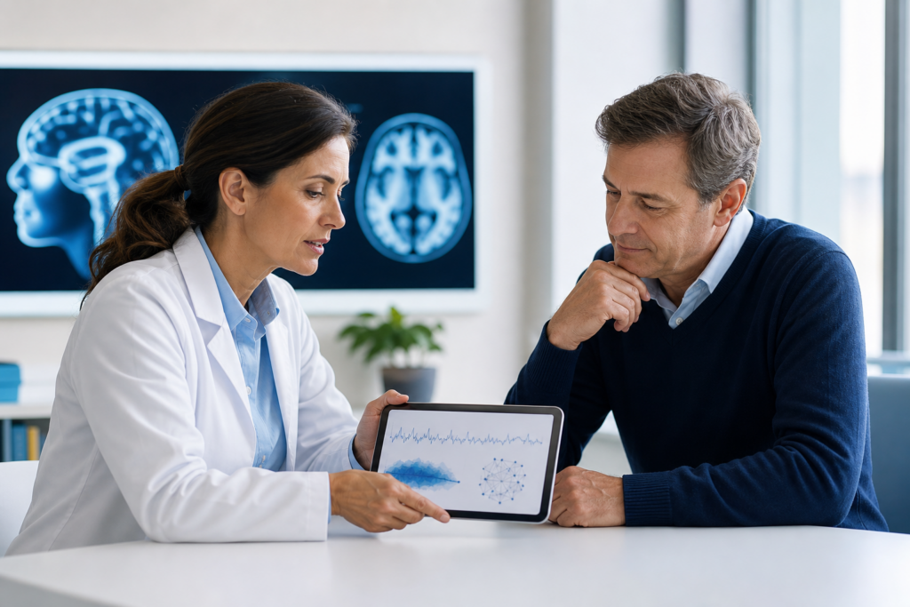 Clinician and patient reviewing neurological research data