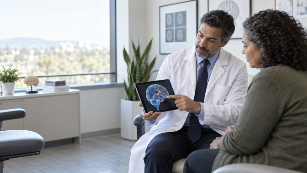 Doctor discussing a brain scan with an adult patient