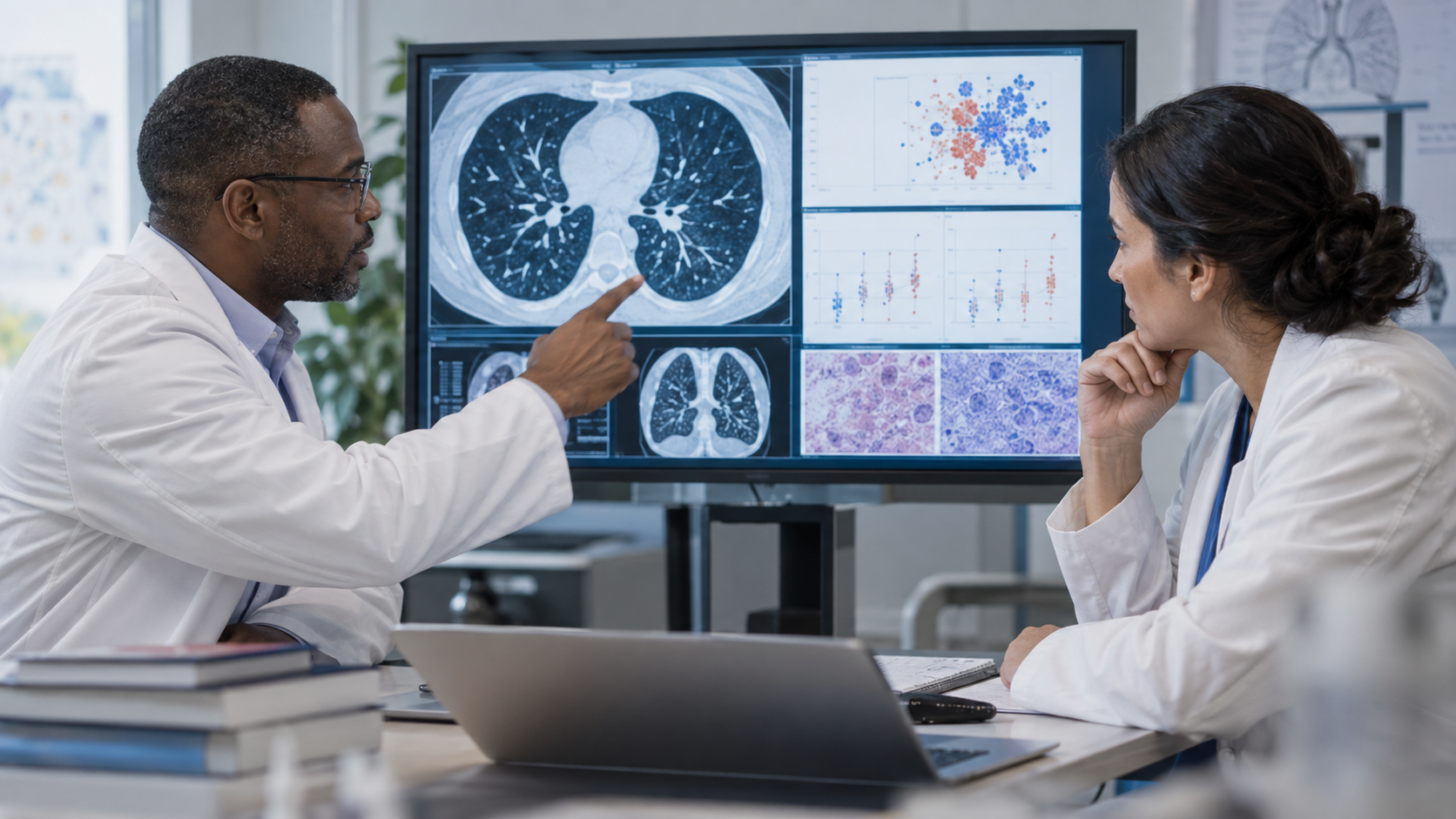 Two clinicians reviewing neurological imaging in a research setting