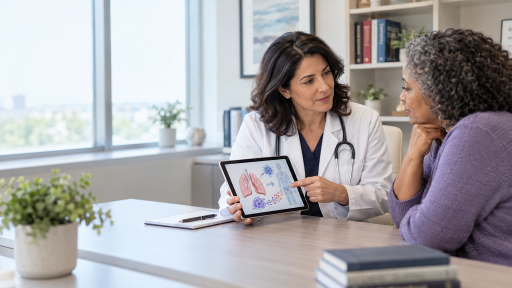 Physician discussing lung and immune-system research with an adult patient