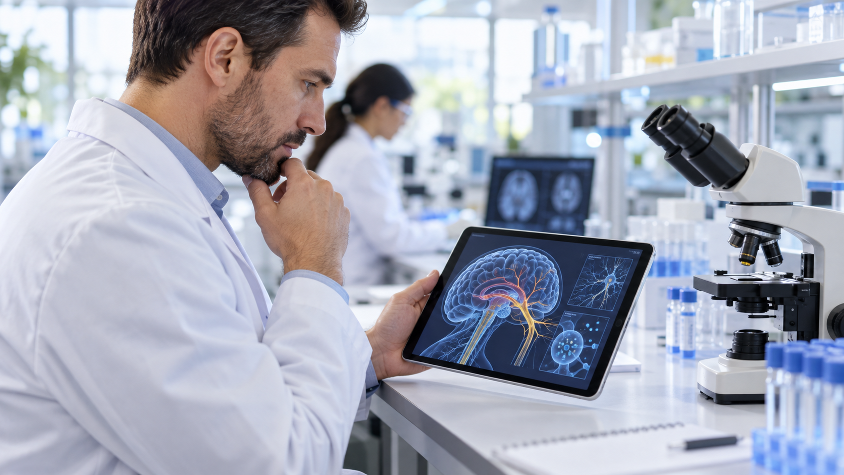 Biomedical researcher reviewing brain and nerve research in a laboratory