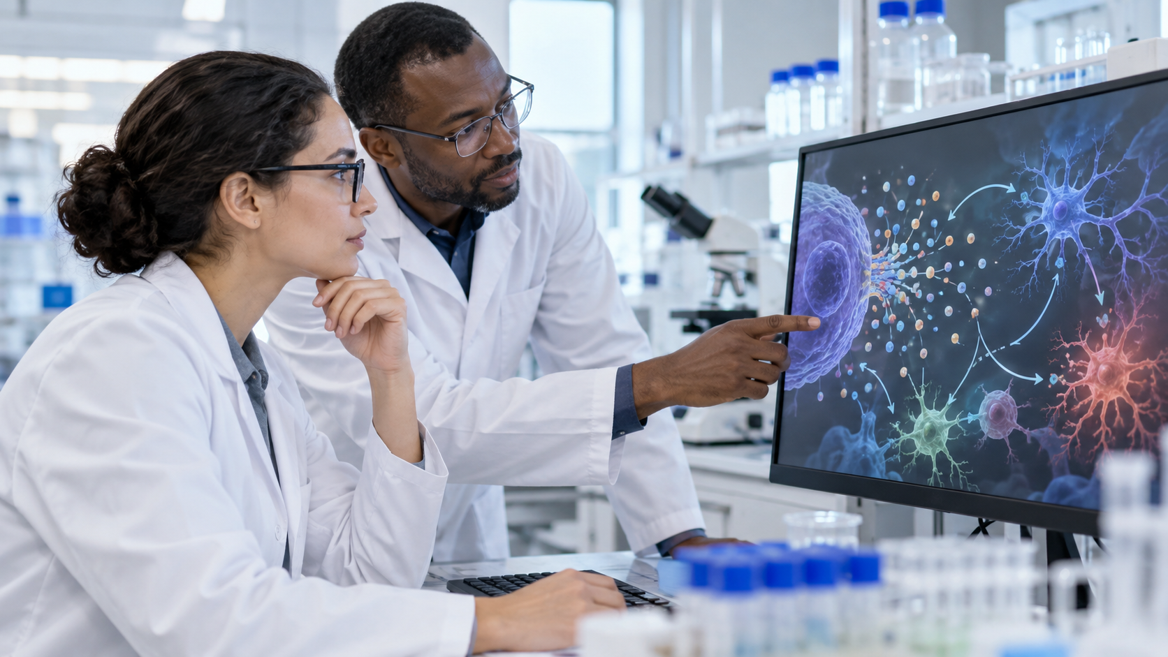 Two clinicians reviewing neurological imaging in a research setting