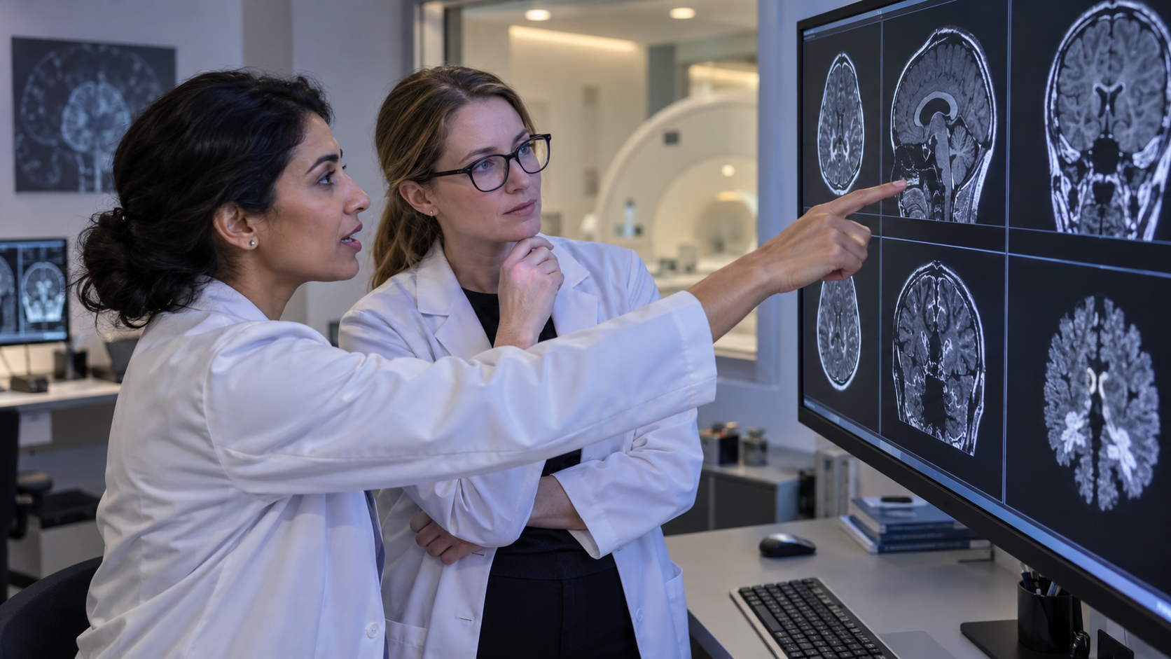 Two clinicians reviewing neurological imaging in a research setting