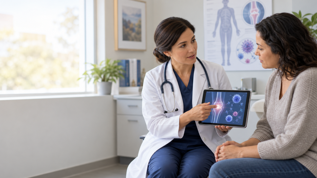 Rheumatologist discussing lupus research with an adult patient