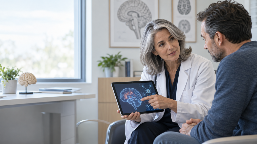 Neurologist discussing brain health research with an adult patient