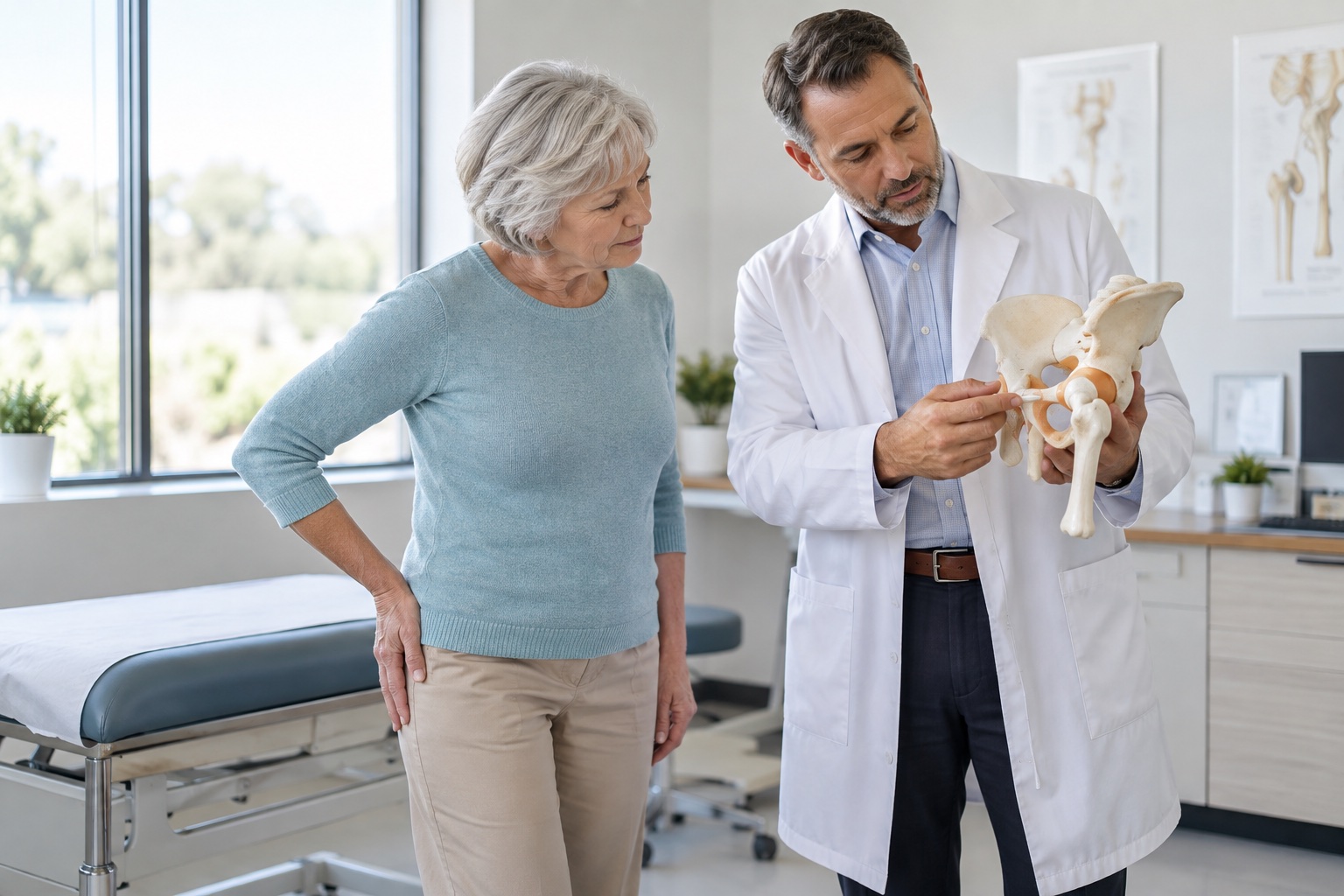 Patient consulting with a clinician about hip pain