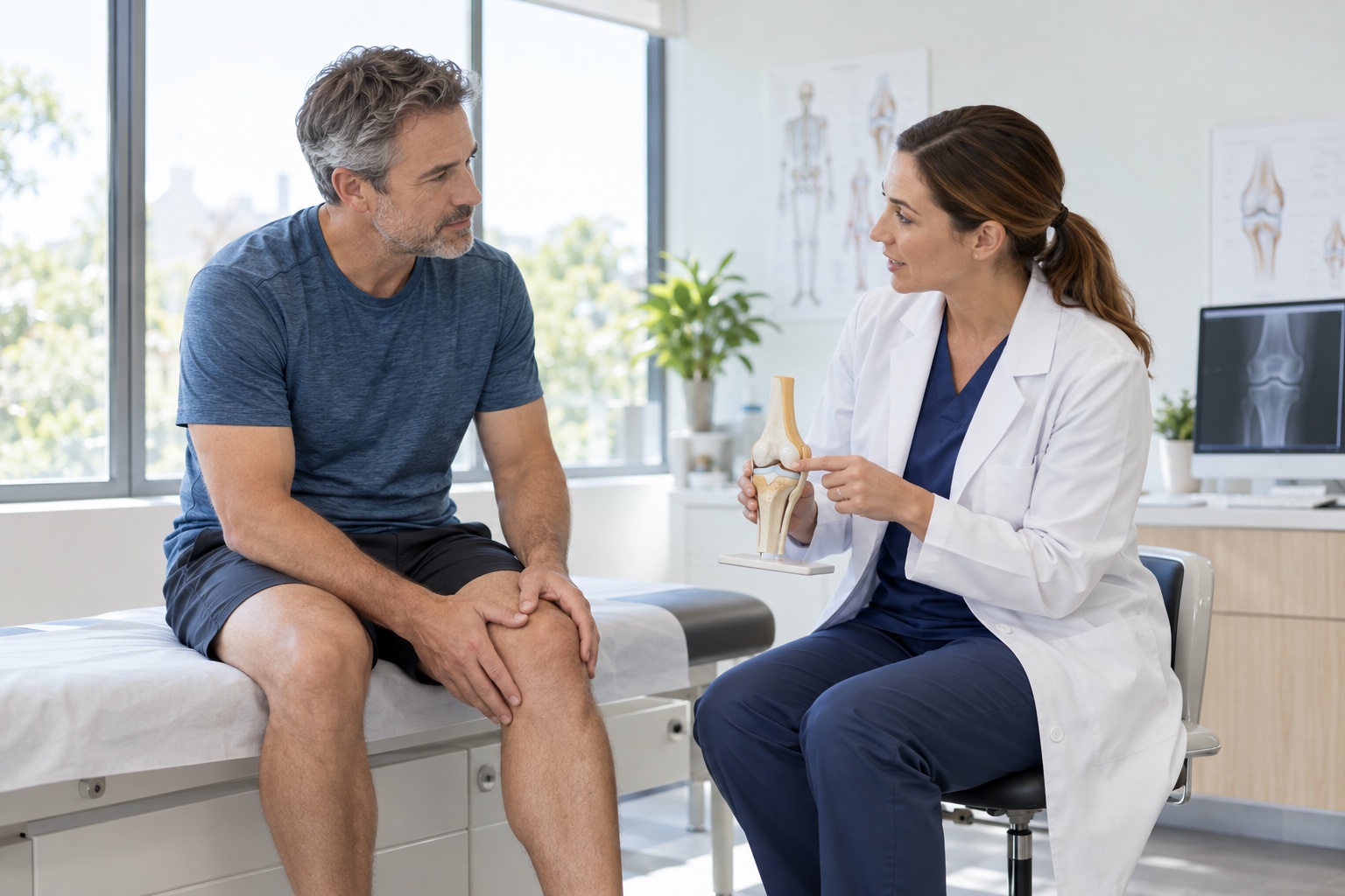 Patient consulting with a clinician about a knee injury