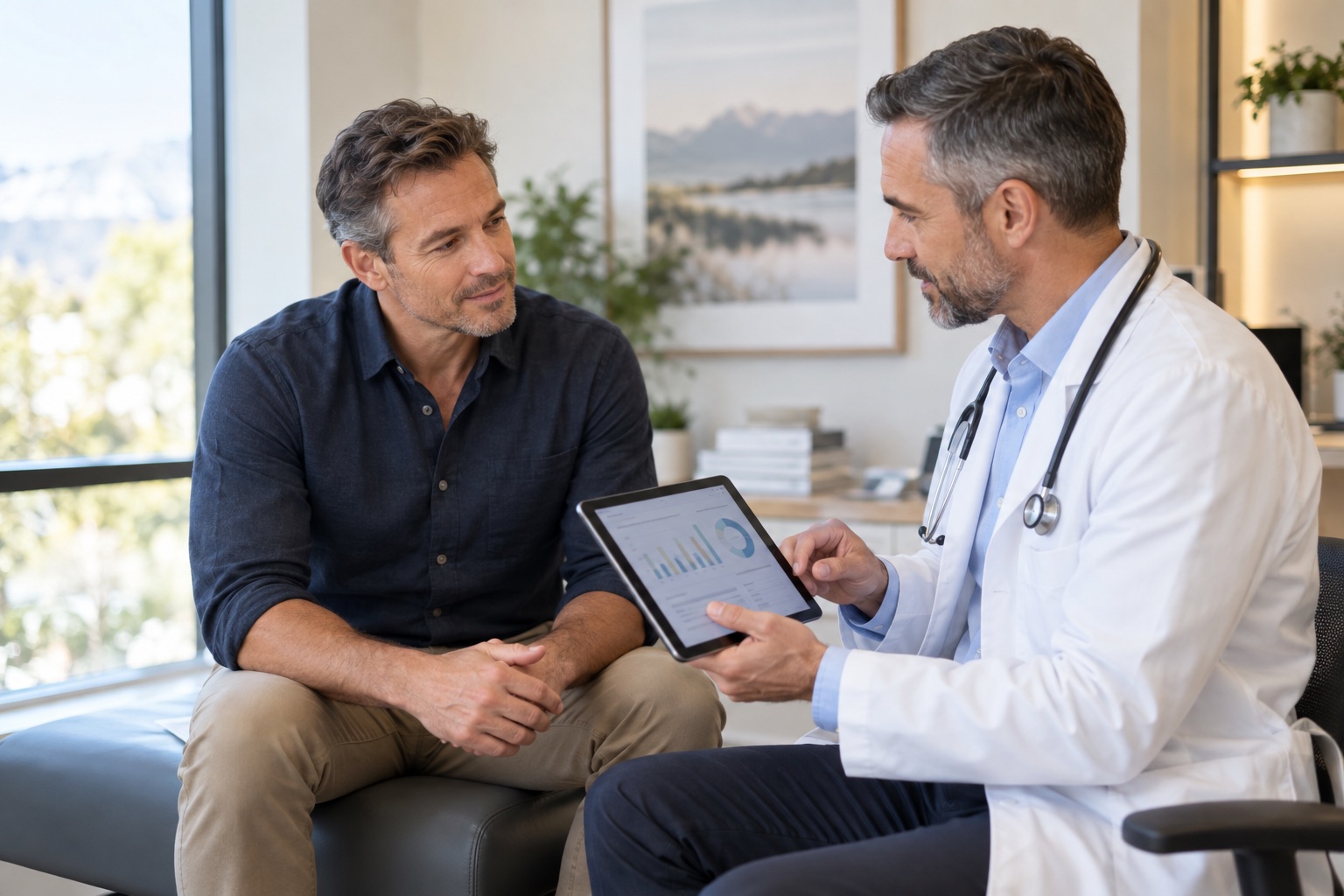 Man consulting with a clinician about wellness and hormone optimization