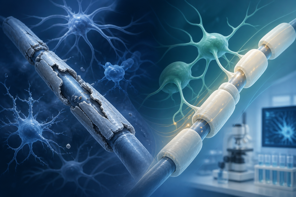 Conceptual illustration of myelin repair research in multiple sclerosis