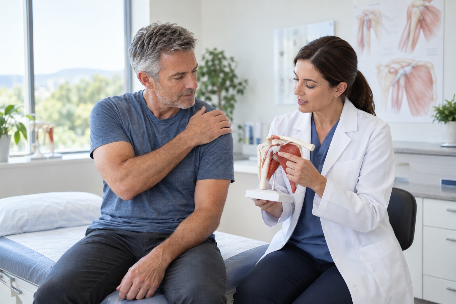 Patient consulting with a clinician about a rotator cuff injury