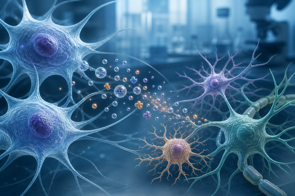 Conceptual illustration of MSC secretome signaling between neural cells