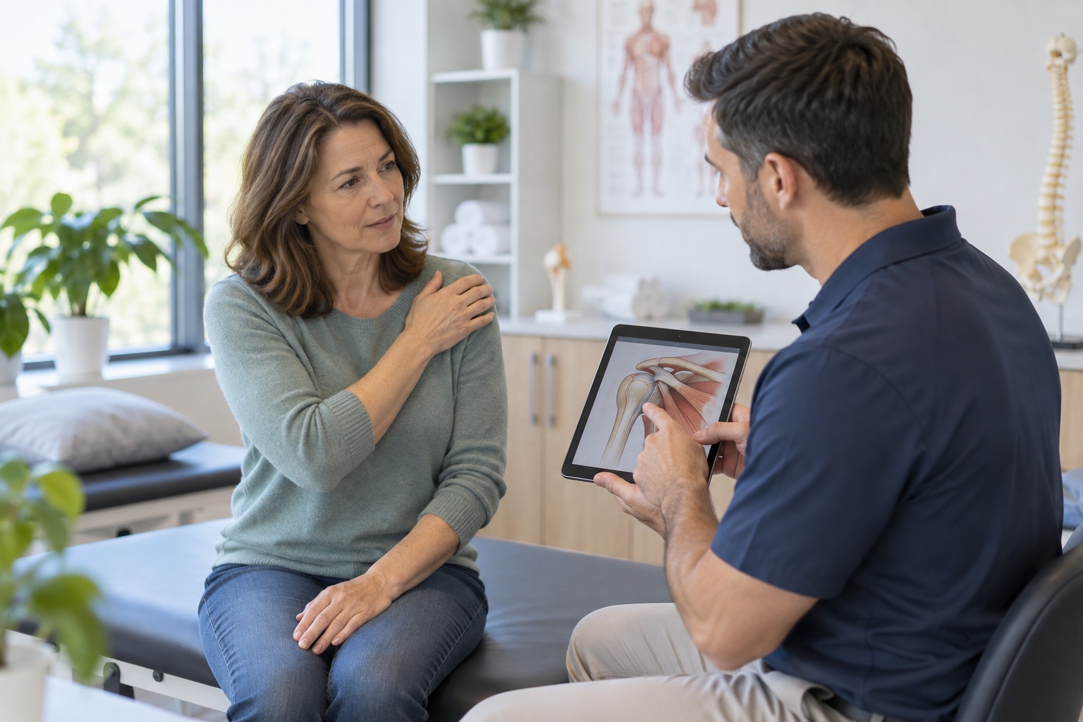 Patient consulting with a clinician about shoulder pain