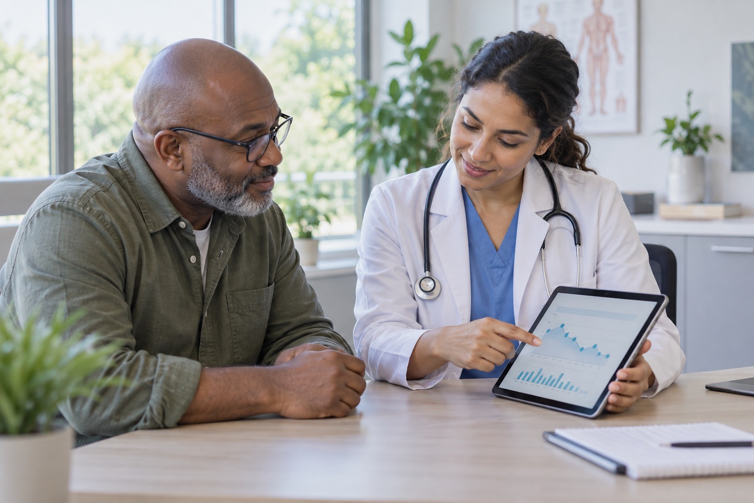 Patient and clinician reviewing type 2 diabetes care information
